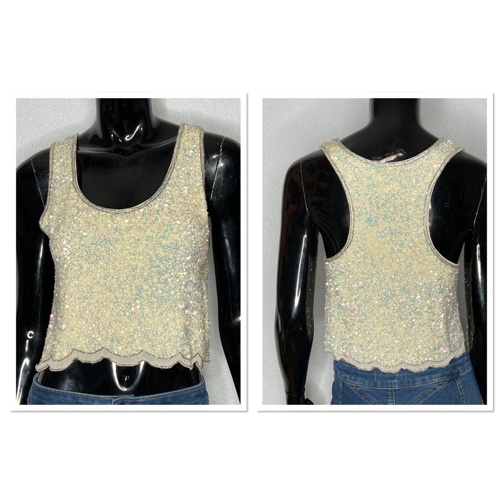 MLV Sequin Beaded Cropped Razorback Tank Top Sz S Viscous Cream